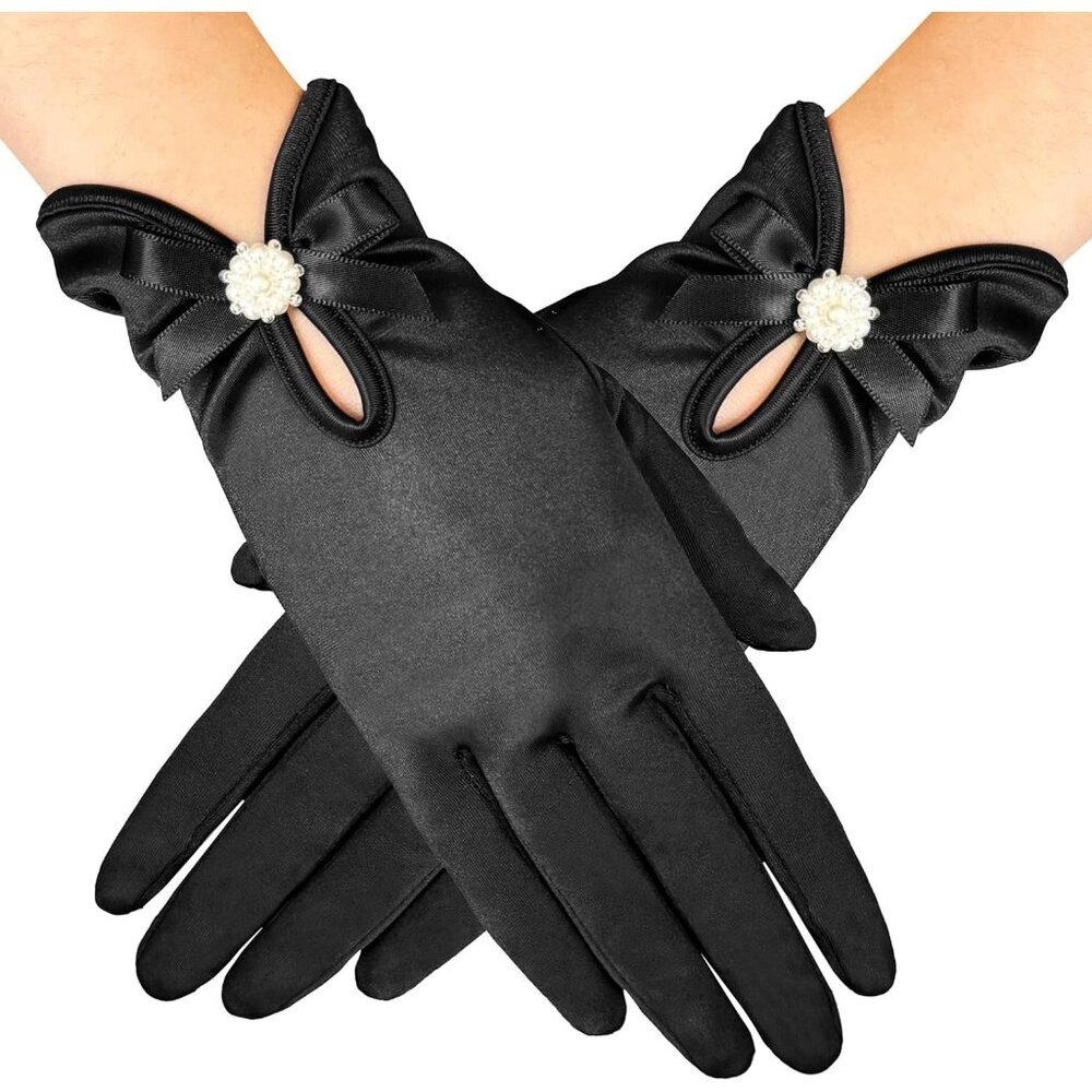 Women's Wrist Black Short Floral Lace Bow Gloves Elegance Wedding Dinner Party